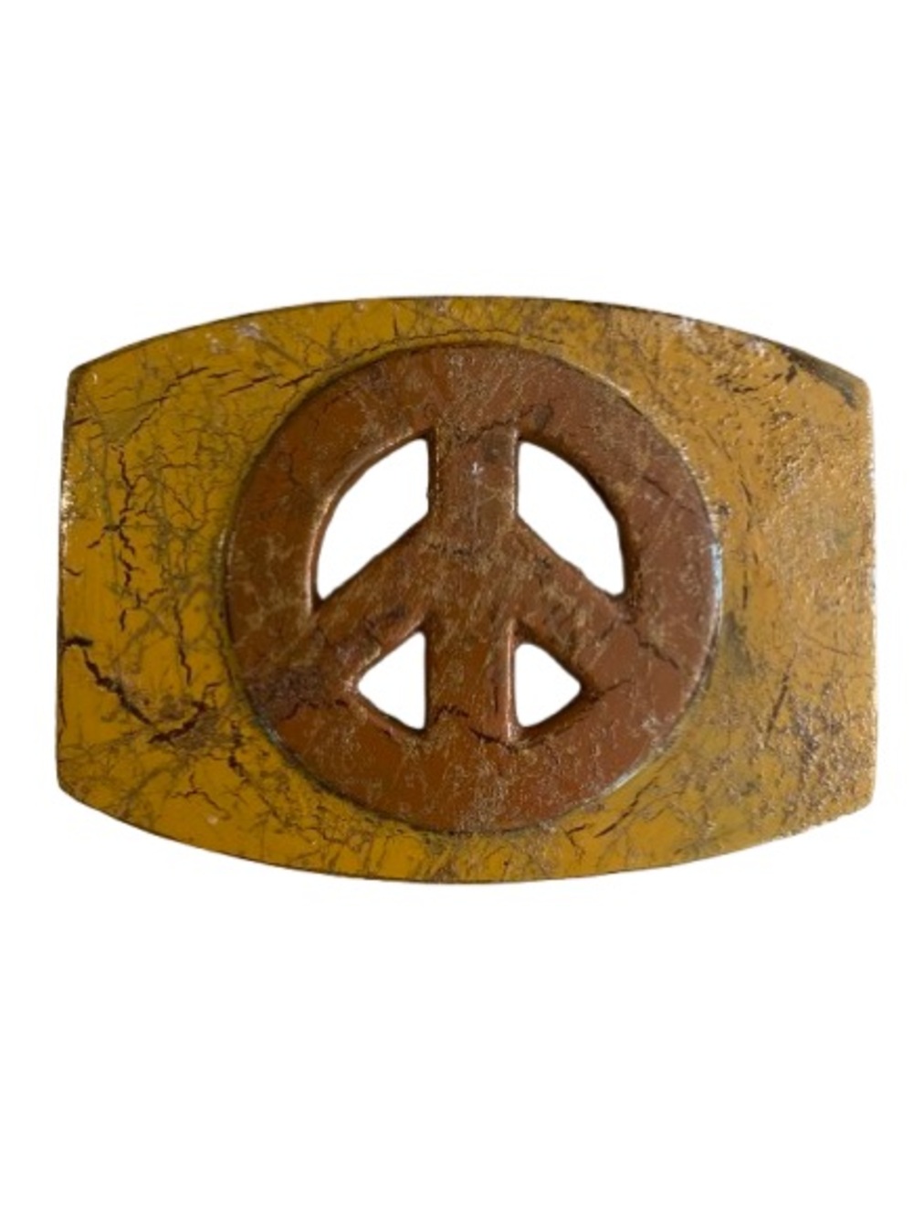 Peace Sign Metal Belt Buckle Painted Antiqued Gold and Brown 3.5” x 2.5” Boho